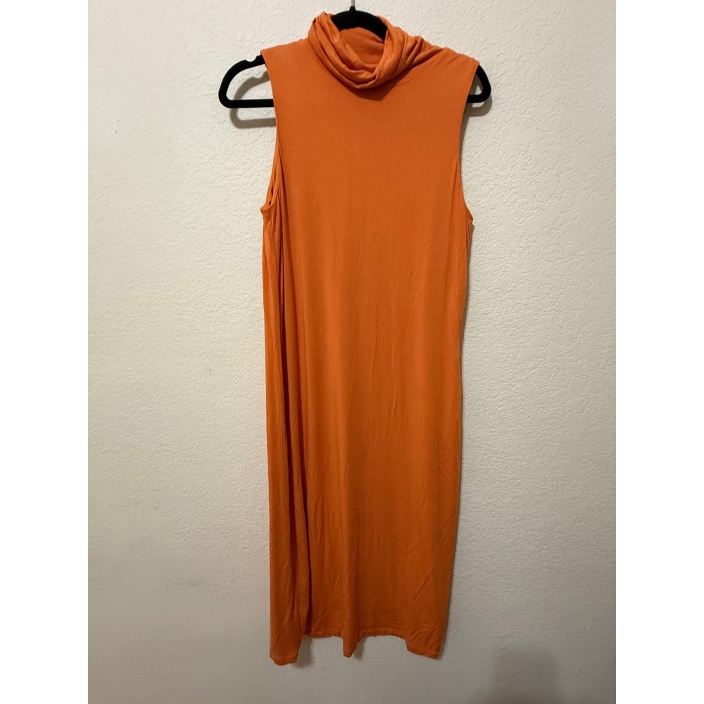 Cremiuex Women's Medium Sleeveless Orange Mock Neck Knit Midi Dress‎